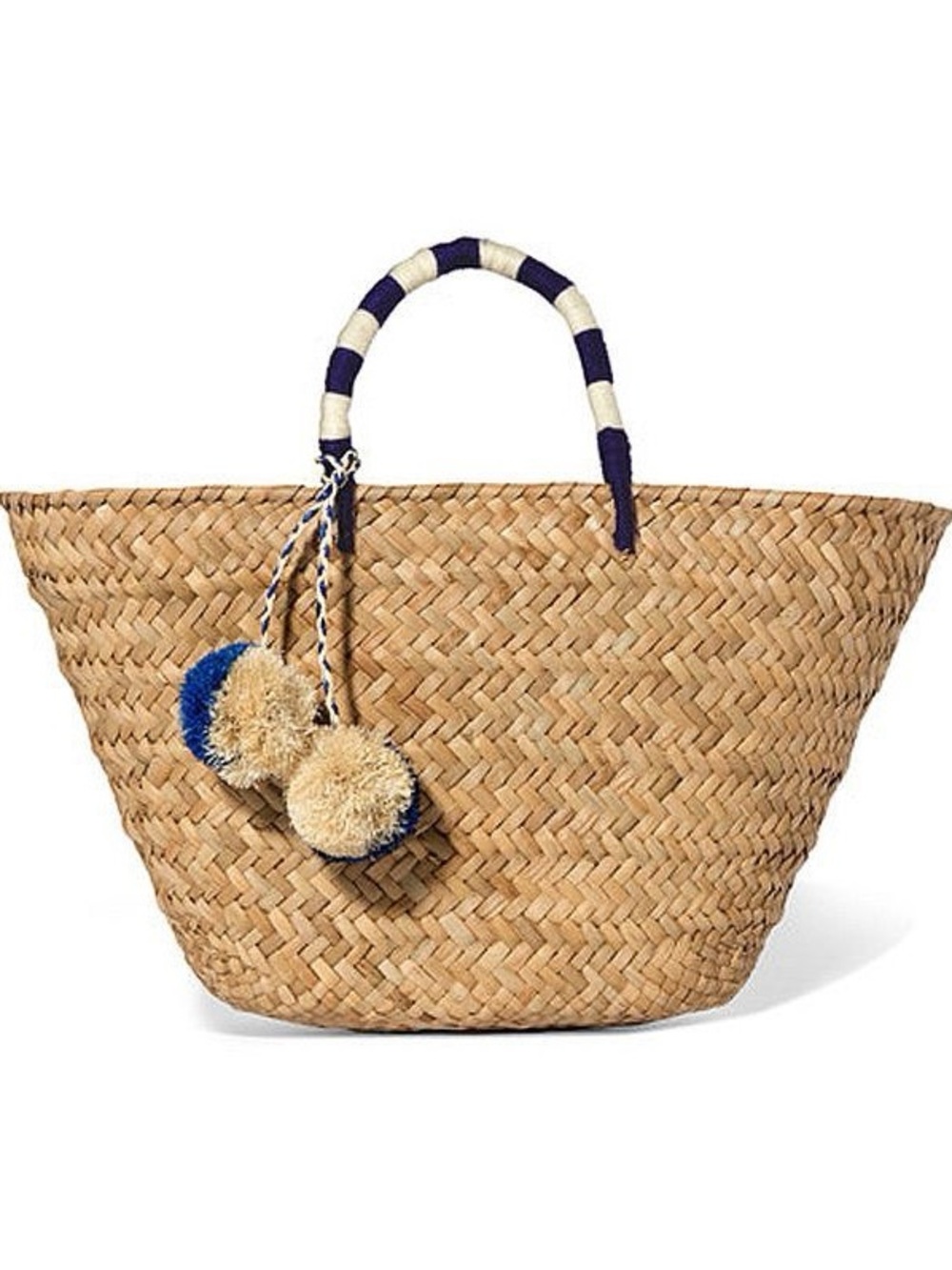 KAYU St. Tropez Straw Tote Beach Bag Blue White Pom Pom NWOT